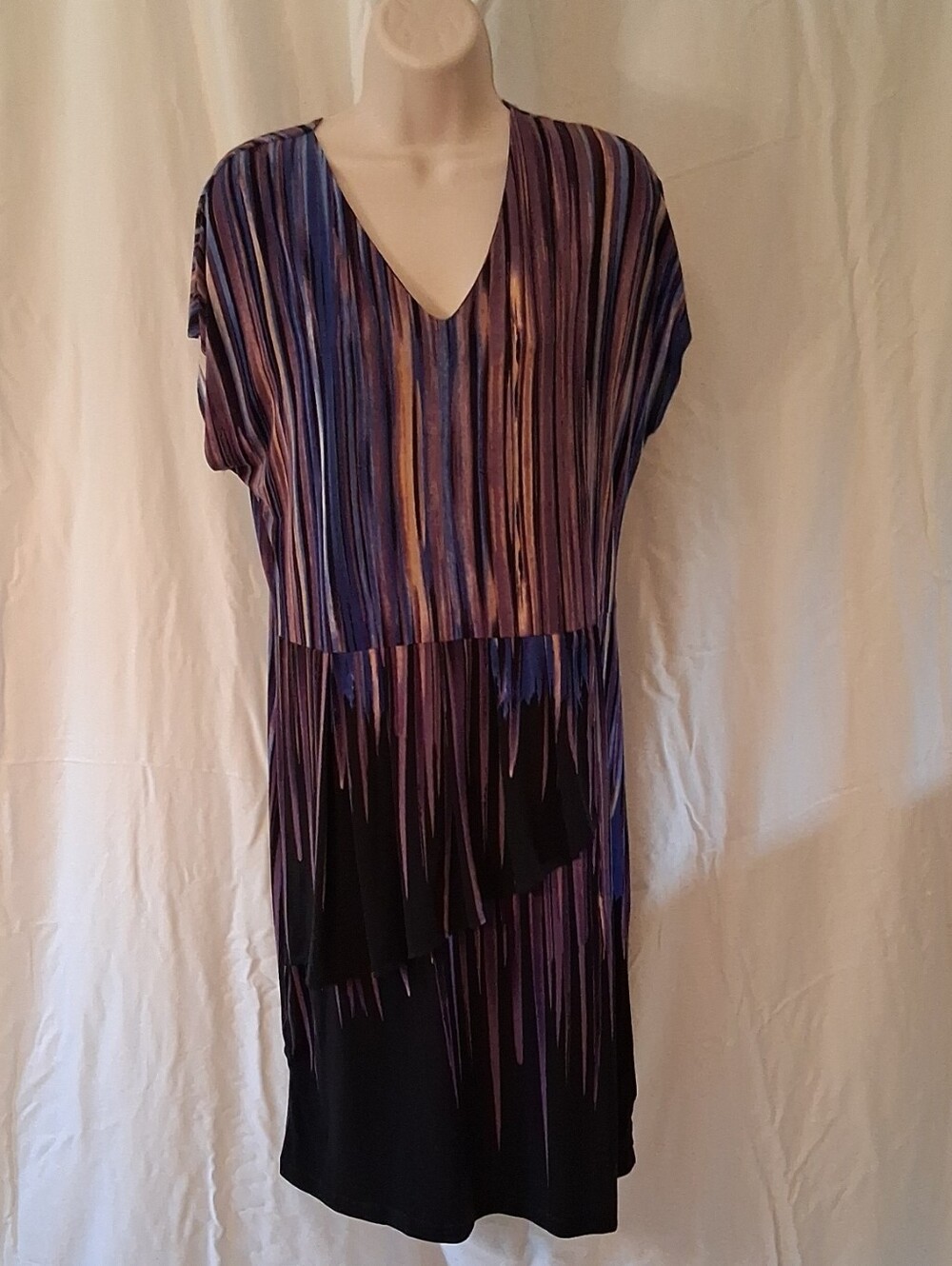 Striped V-Neck Midi Dress in Purple and Black